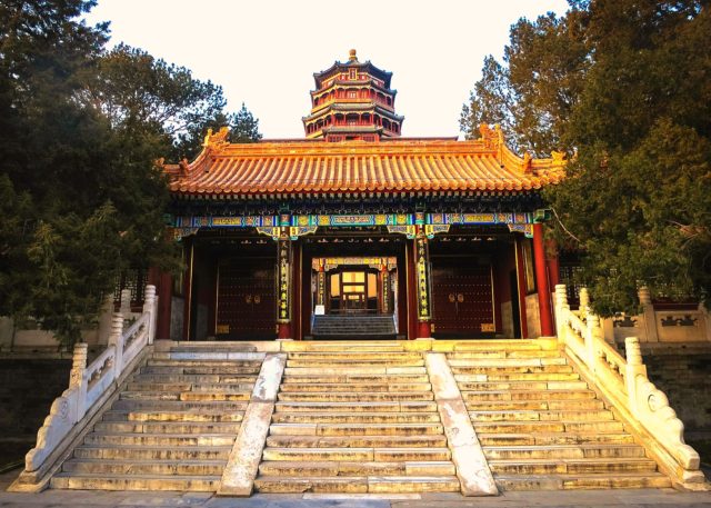 The entrance of a temple with stairs