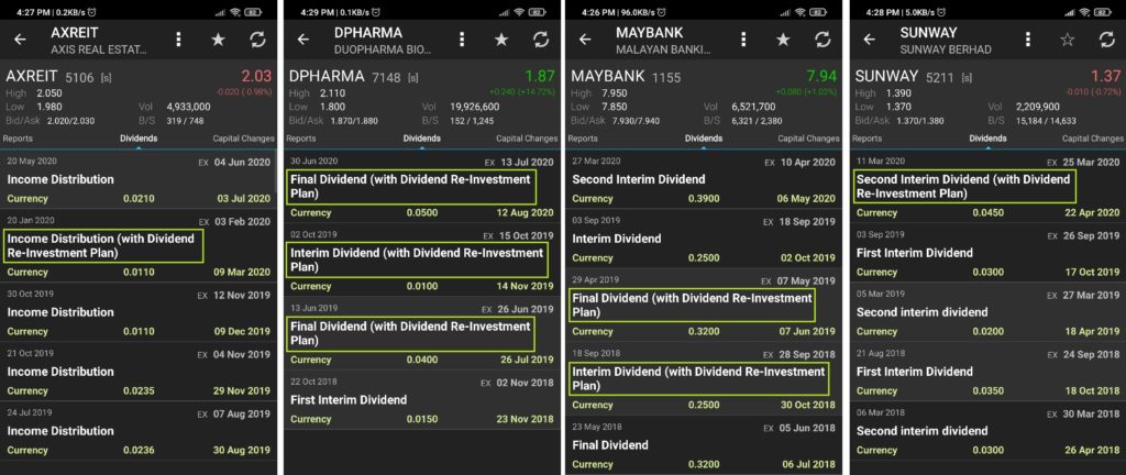 The image of AXREIT, DPHARMA, MAYBANK and SUNWAY dividends, showing that not every dividend has DRP