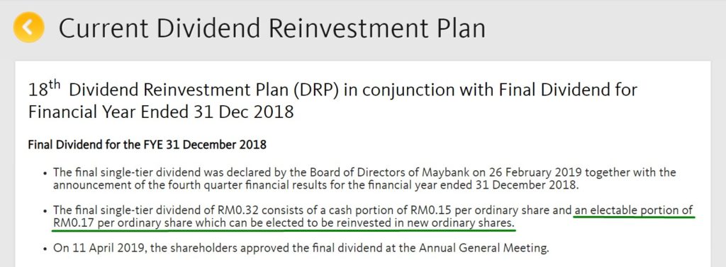 Current dividend reinvestment plan for Maybank dividend