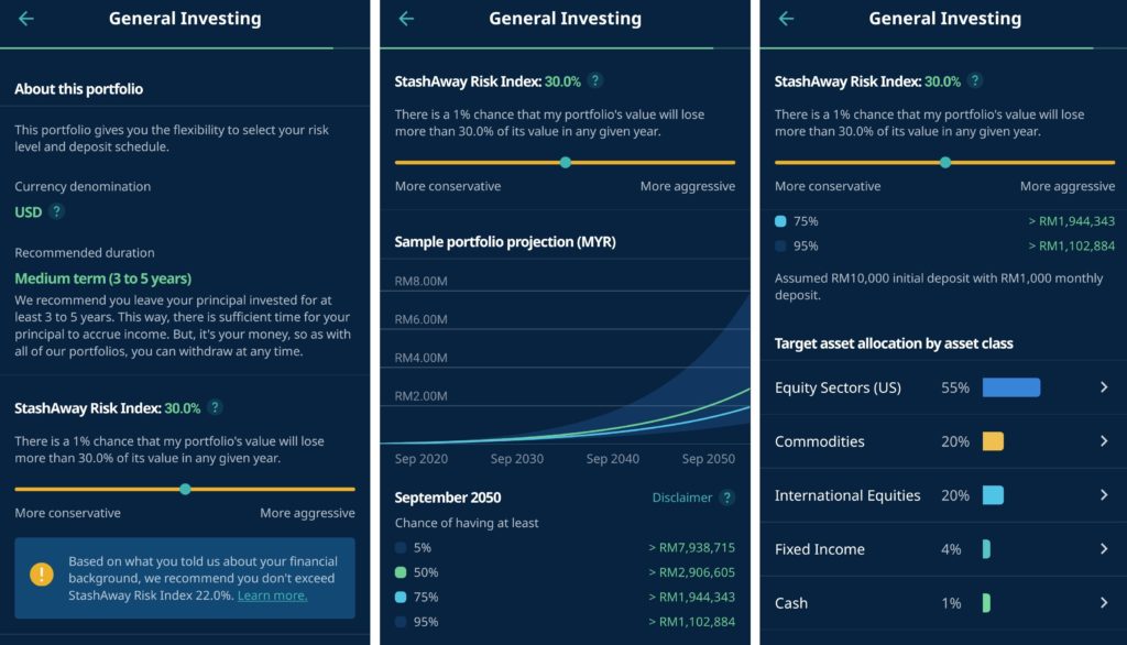 StashAway is very transparent on disclosing on the projected return, risk index and asset allocation