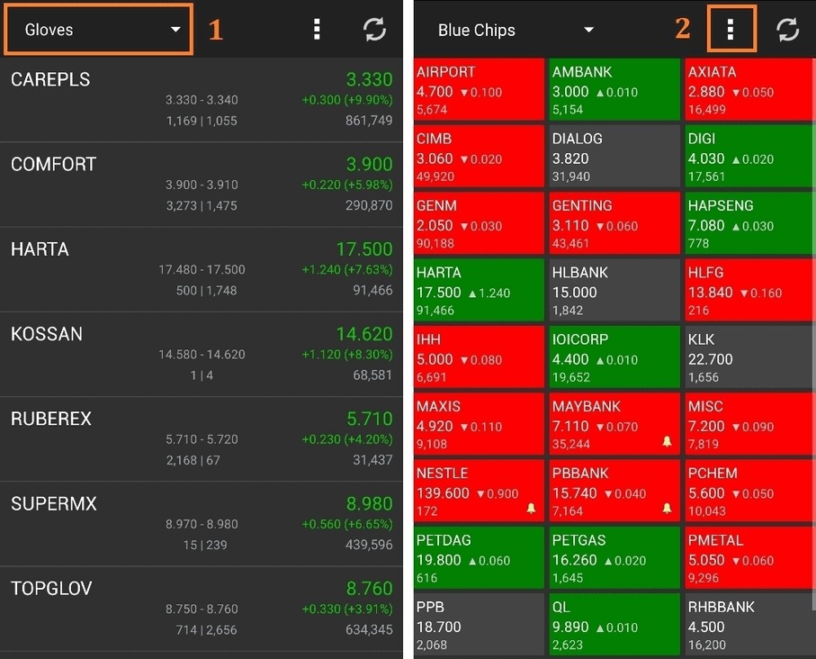 KLSE Screener App interfaces with stock list