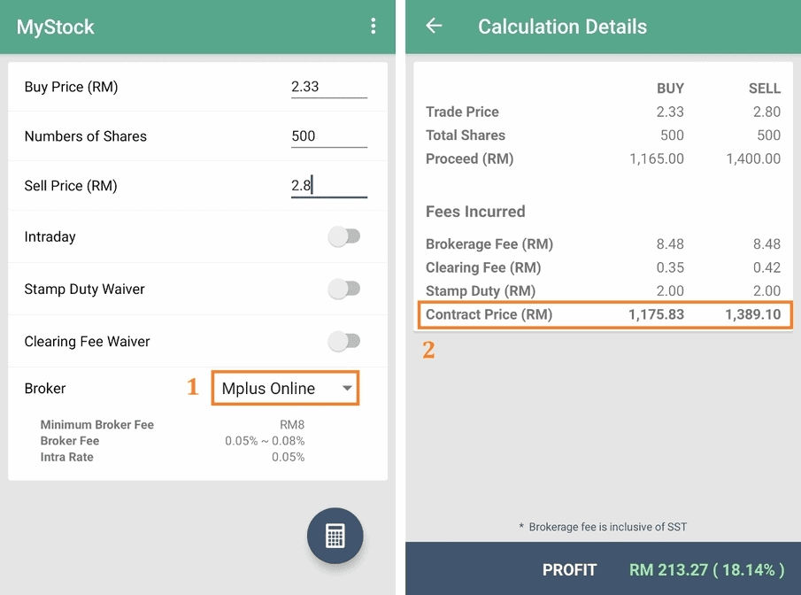 Malaysia Stock Calculator App interfaces