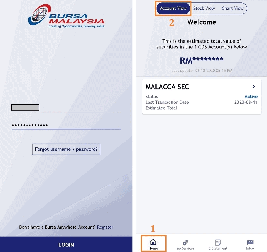 The interface of Bursa Anywhere App after log in successfully