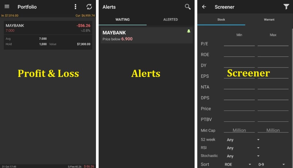 Profit & Loss, Alerts, Screener of KLSE Screener App