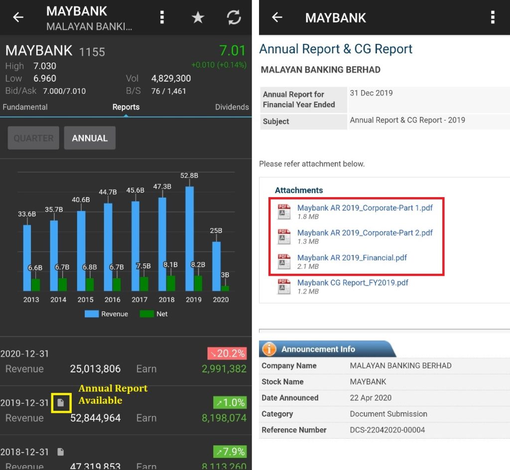 The Annual Report only available when there is an icon shown at the annual result in KLSE Screener App