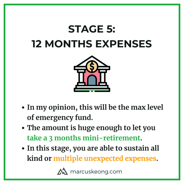Stage 5: 12 months expenses. 1 year of expenses that allow you to take mini-retirement and soak up multiple unexpected expenses.