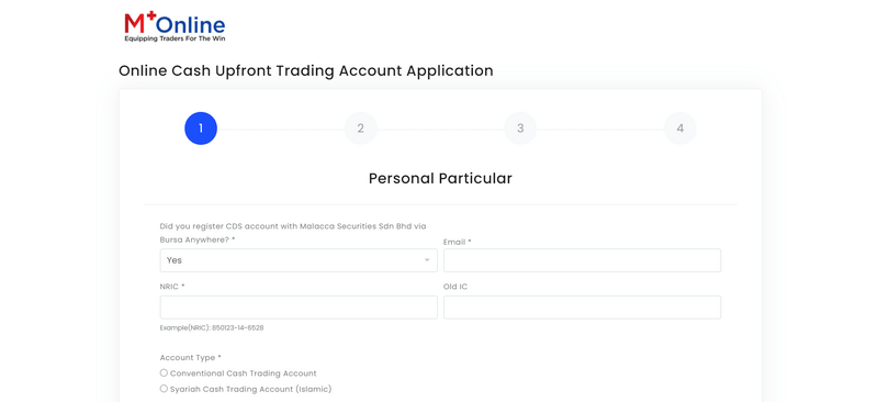 Step 1 of MPlus Online Brokerage Account Malaysia application