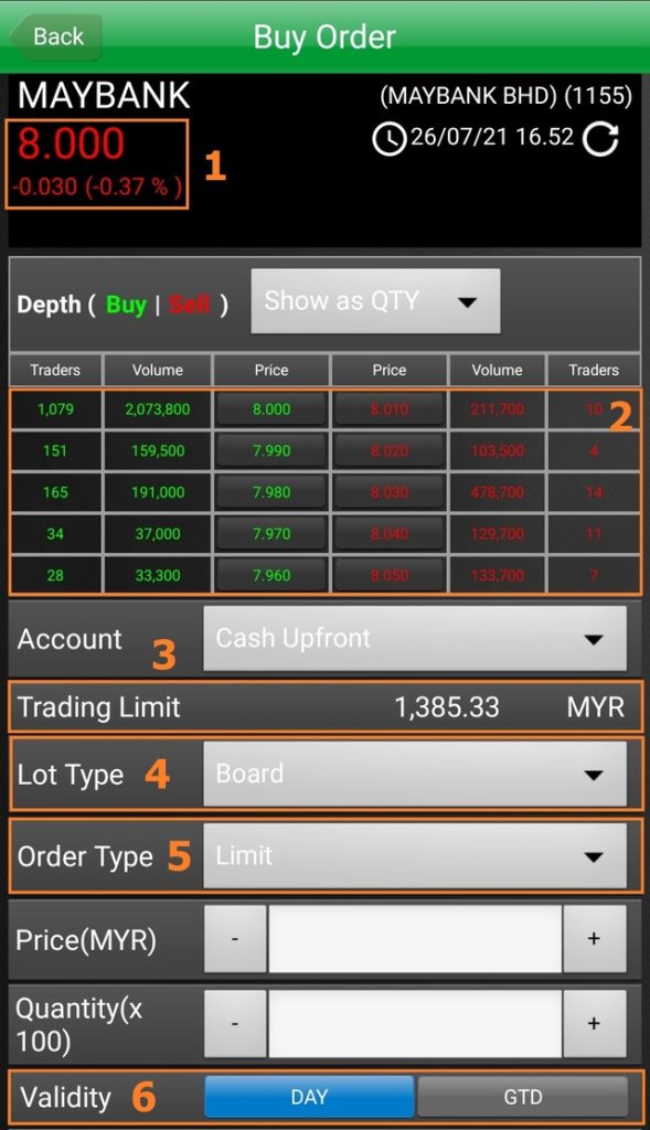 The interface of buy order in Rakuten Trade, showing you how to buy and sell stocks in Malaysia
