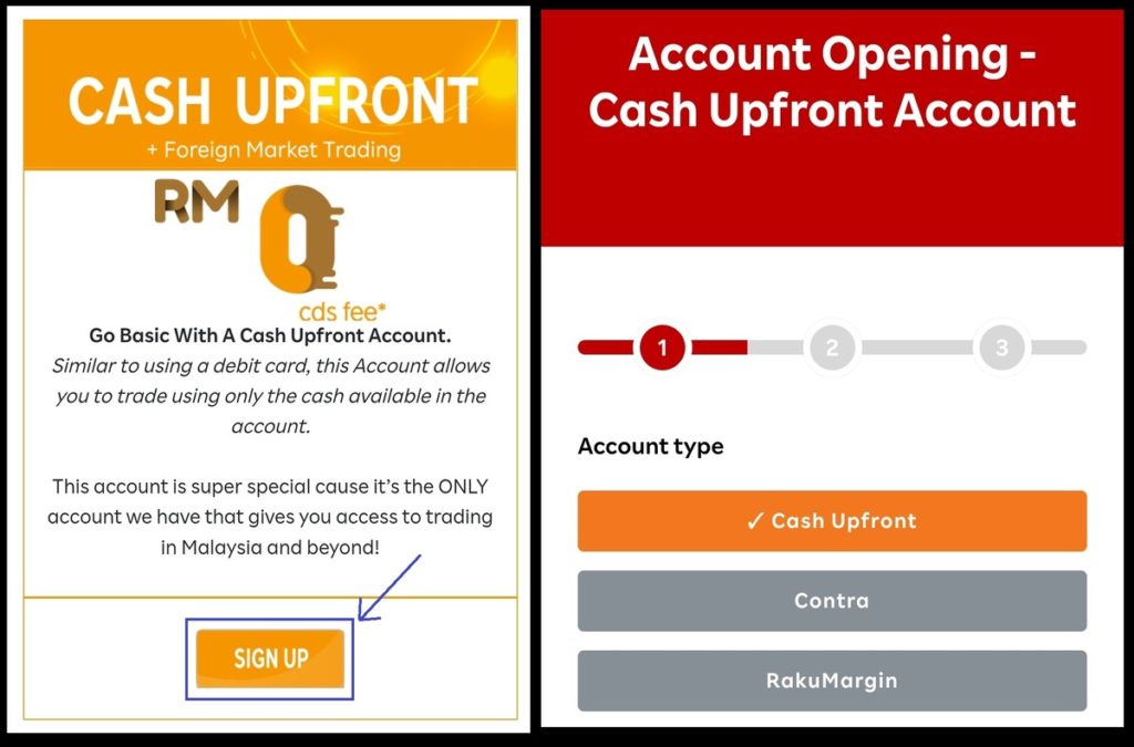 Cash Upfront Sign Up & Account Opening page 1 with "Cash Upfront" ticked
