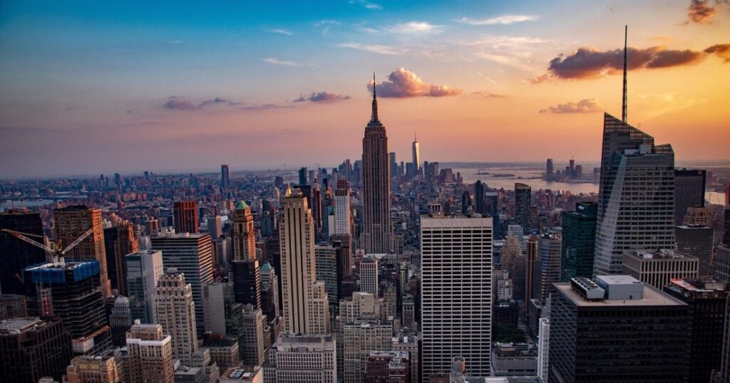 Skyscraper view with sunset