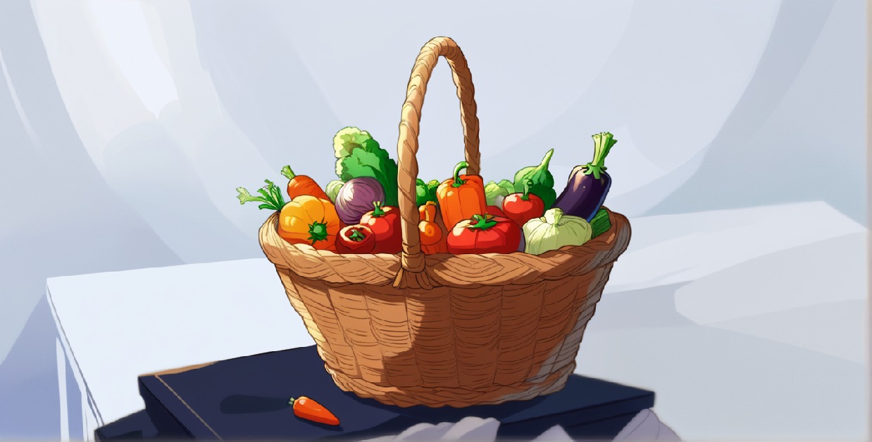 Fruits and vegetables in a basket on a table with one baby carrot outside of the basket