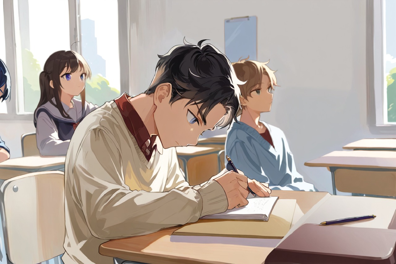 A boy in class is studying by holding his pen on a book with classmates